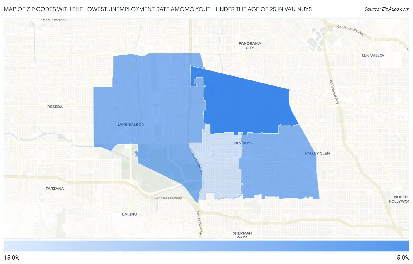 Zip Codes with the Lowest Unemployment Rate Amomg Youth Under the Age of 25 in Van Nuys Map