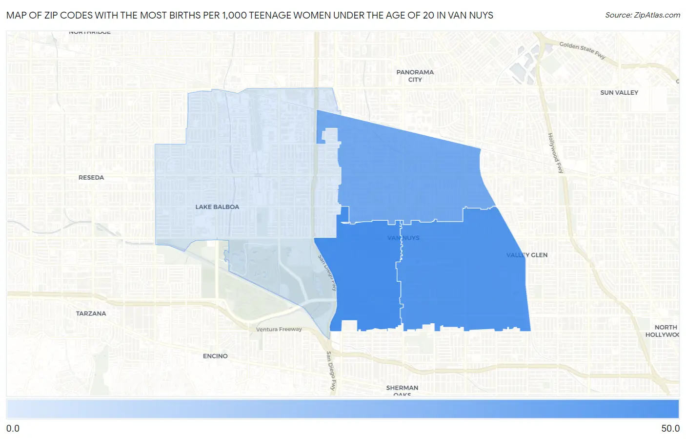 Zip Codes with the Most Births per 1,000 Teenage Women Under the Age of 20 in Van Nuys Map