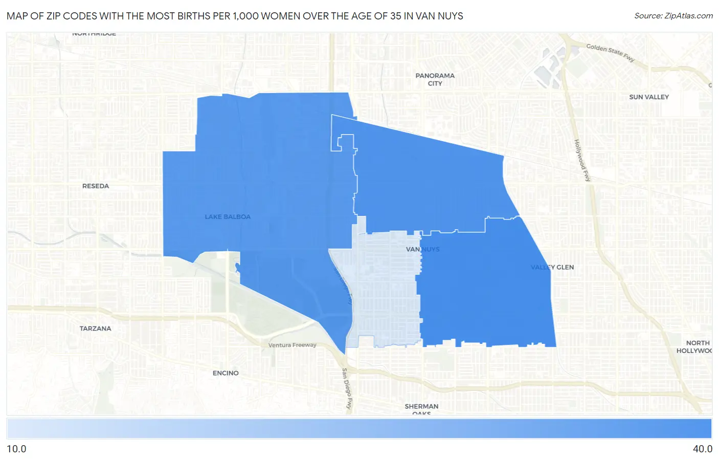 Zip Codes with the Most Births per 1,000 Women Over the Age of 35 in Van Nuys Map