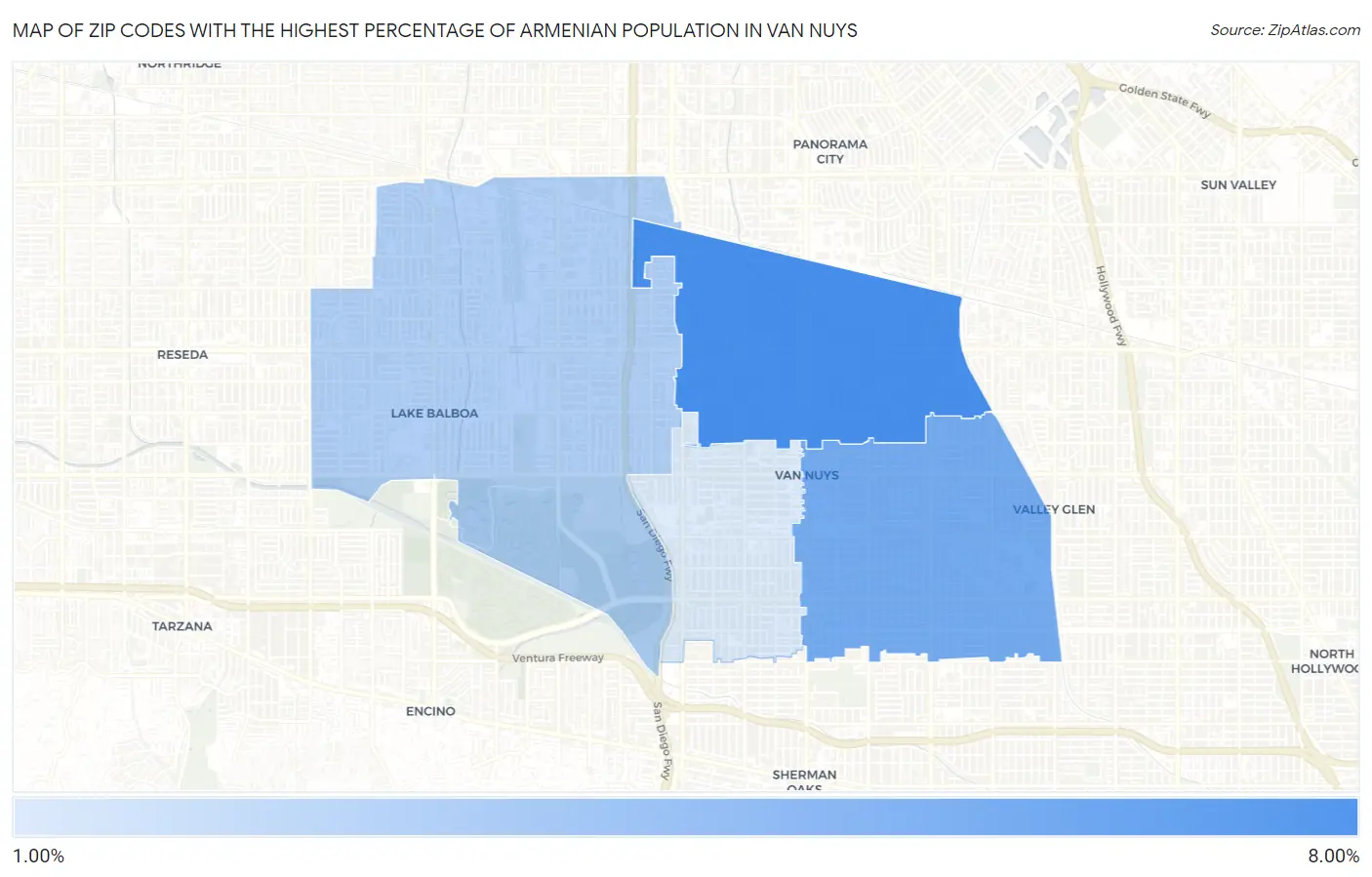 Zip Codes with the Highest Percentage of Armenian Population in Van Nuys Map