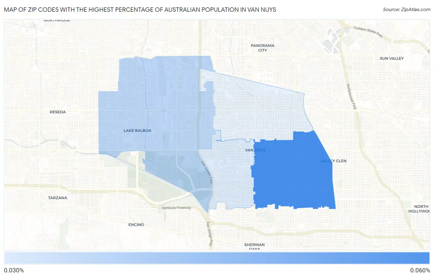Zip Codes with the Highest Percentage of Australian Population in Van Nuys Map