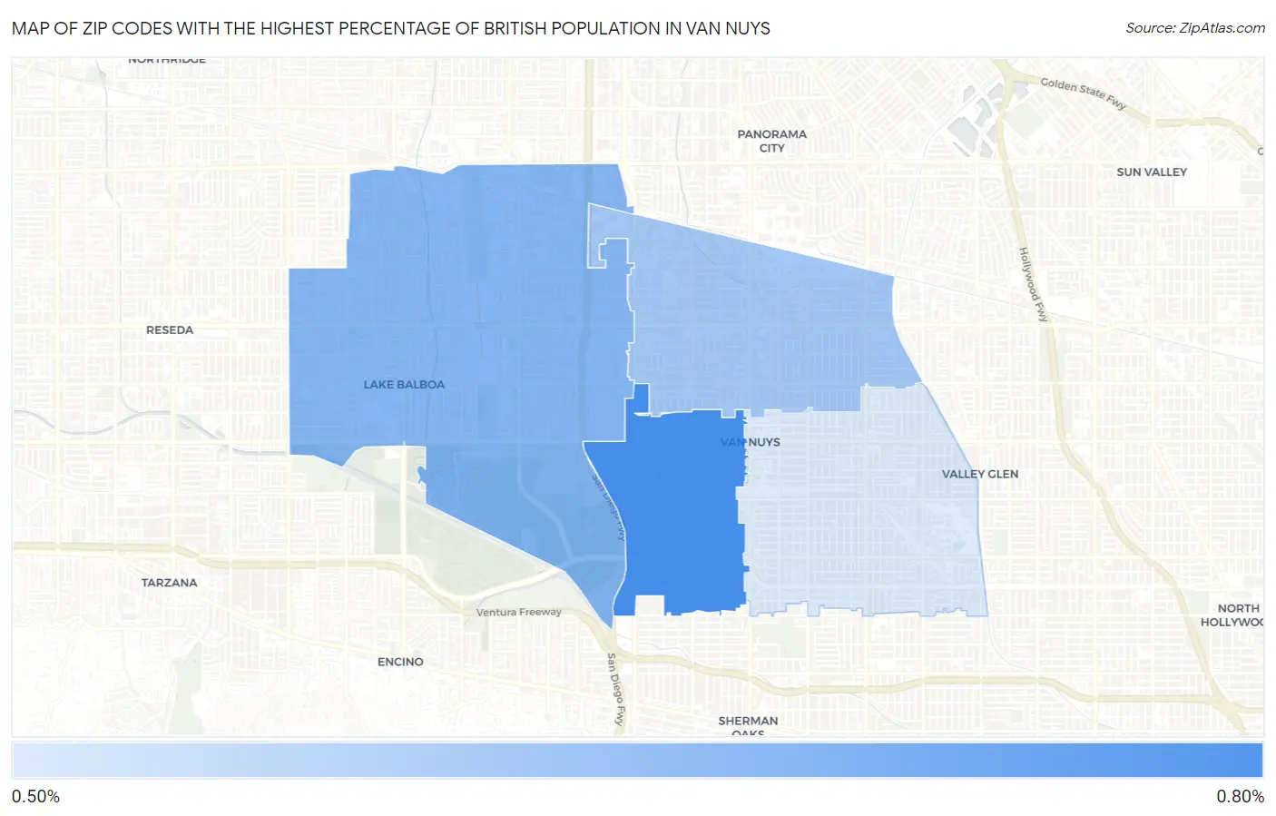 Zip Codes with the Highest Percentage of British Population in Van Nuys Map