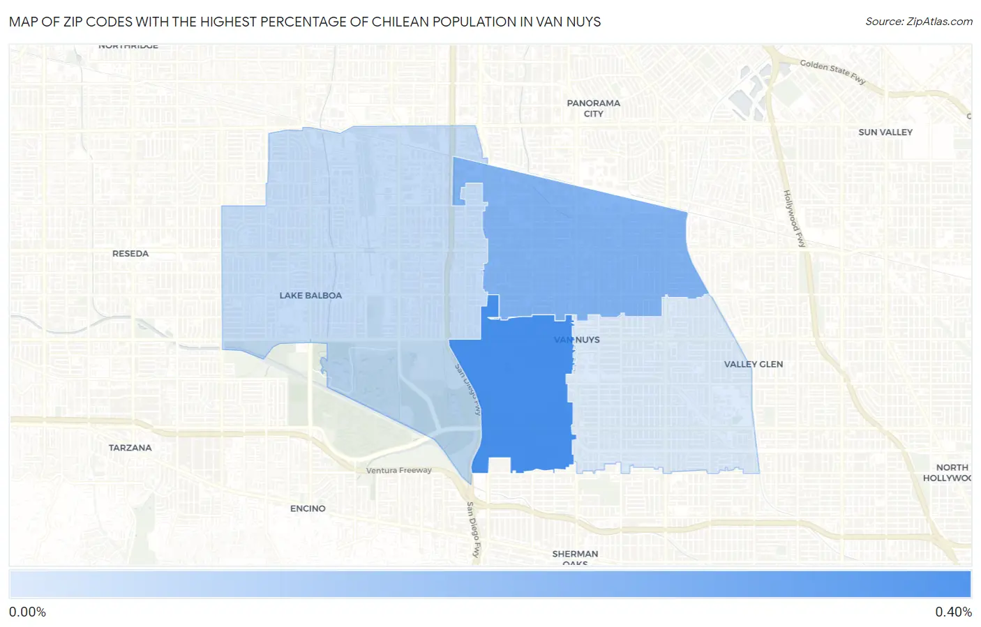 Zip Codes with the Highest Percentage of Chilean Population in Van Nuys Map