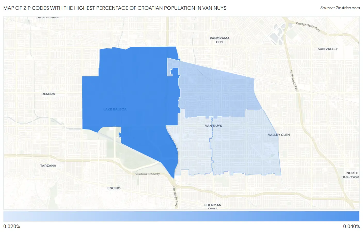 Zip Codes with the Highest Percentage of Croatian Population in Van Nuys Map