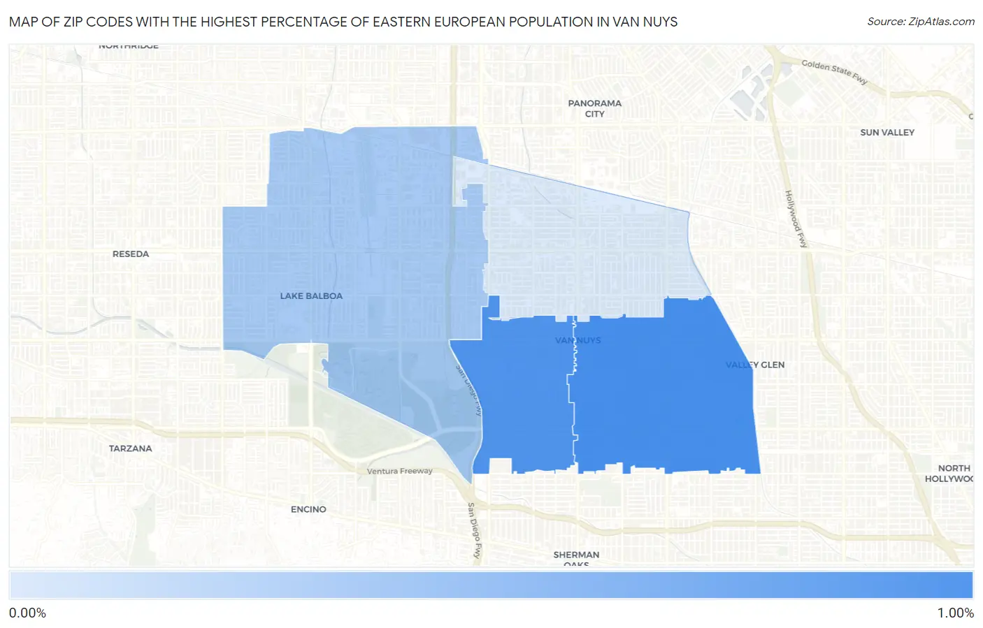 Zip Codes with the Highest Percentage of Eastern European Population in Van Nuys Map