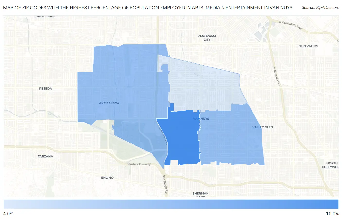 Zip Codes with the Highest Percentage of Population Employed in Arts, Media & Entertainment in Van Nuys Map