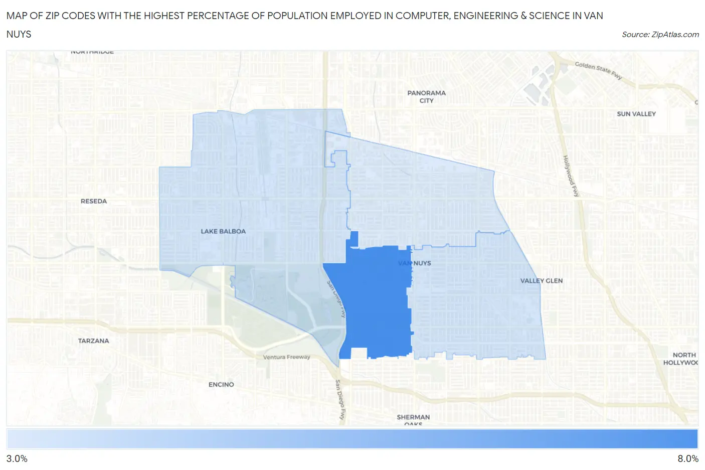 Zip Codes with the Highest Percentage of Population Employed in Computer, Engineering & Science in Van Nuys Map