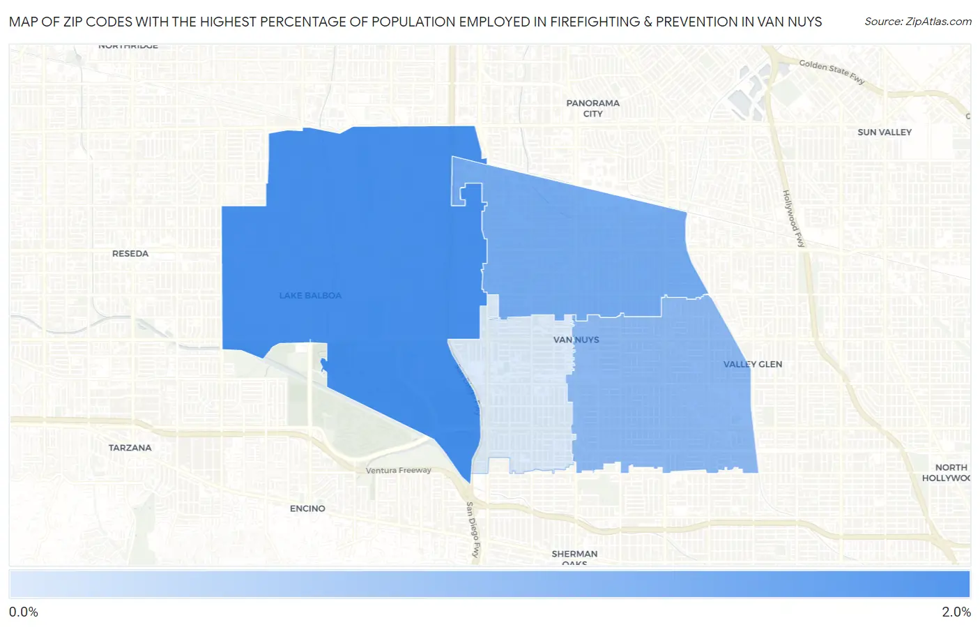 Zip Codes with the Highest Percentage of Population Employed in Firefighting & Prevention in Van Nuys Map