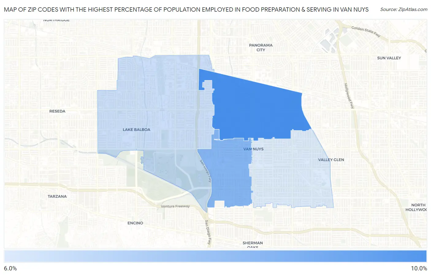 Zip Codes with the Highest Percentage of Population Employed in Food Preparation & Serving in Van Nuys Map