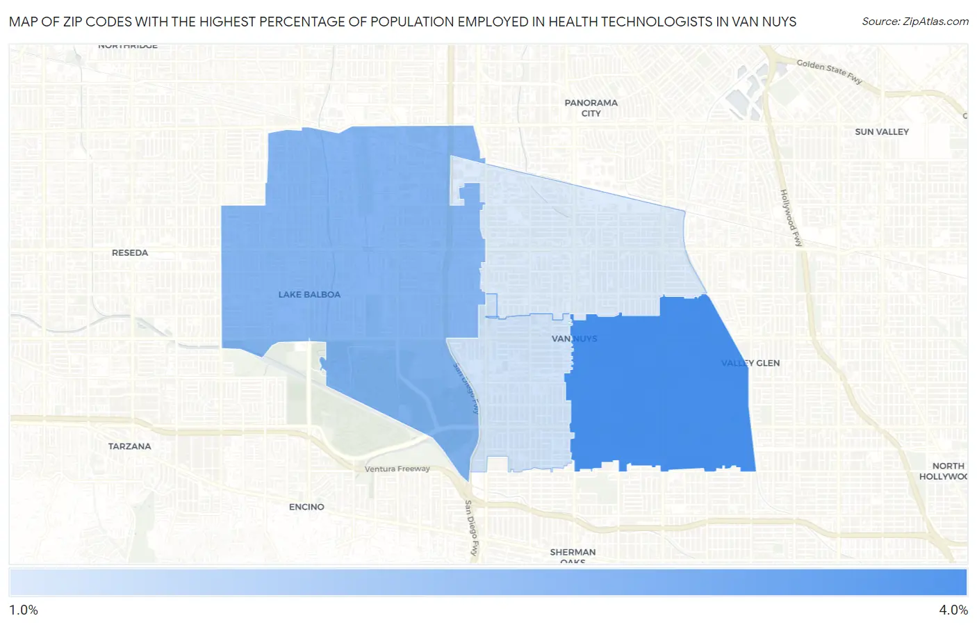 Zip Codes with the Highest Percentage of Population Employed in Health Technologists in Van Nuys Map