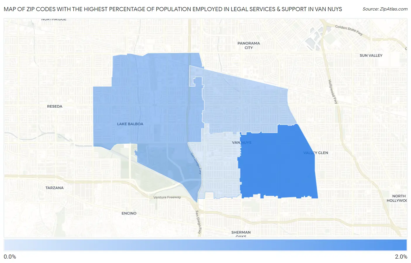 Zip Codes with the Highest Percentage of Population Employed in Legal Services & Support in Van Nuys Map