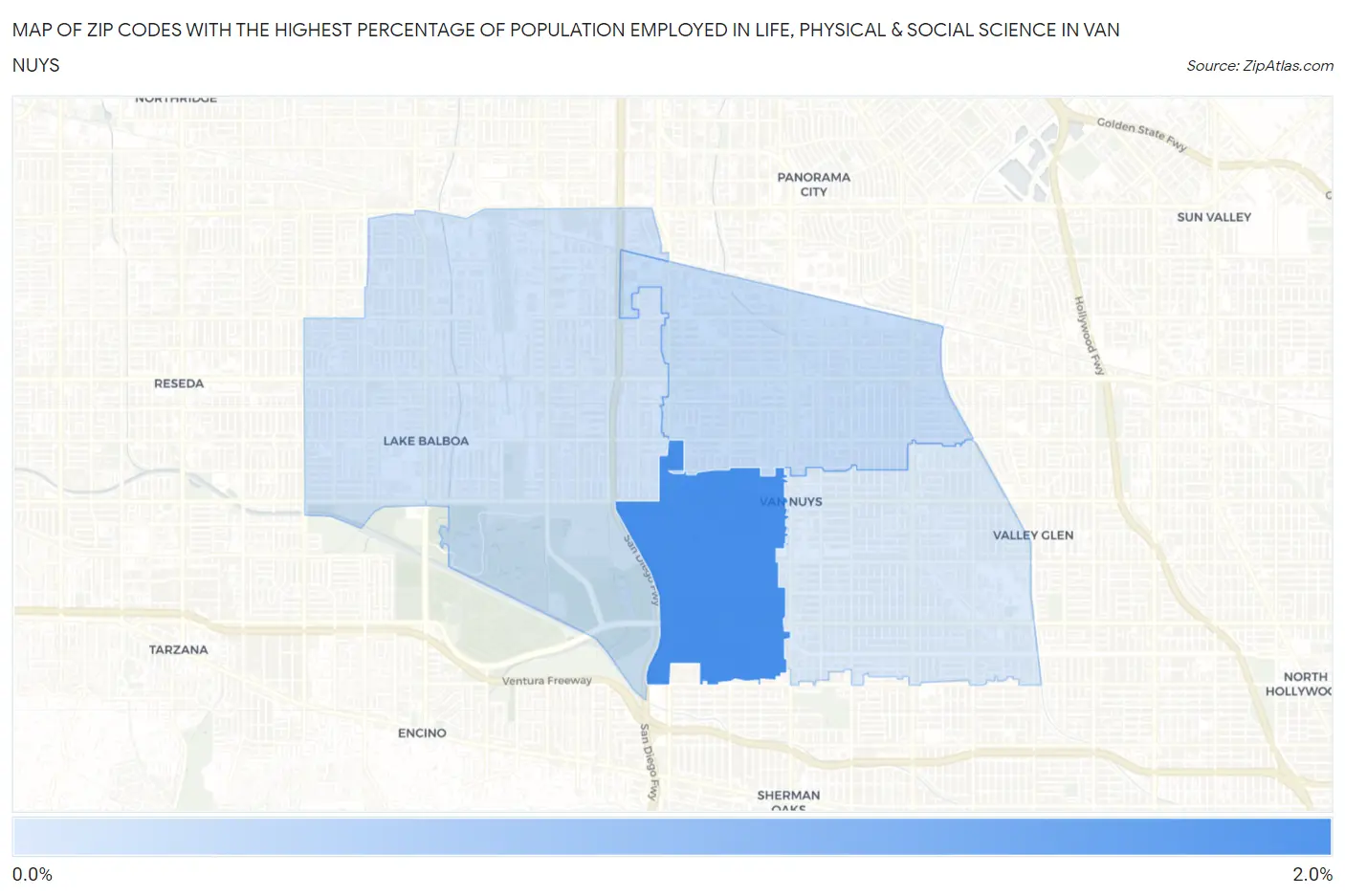 Zip Codes with the Highest Percentage of Population Employed in Life, Physical & Social Science in Van Nuys Map
