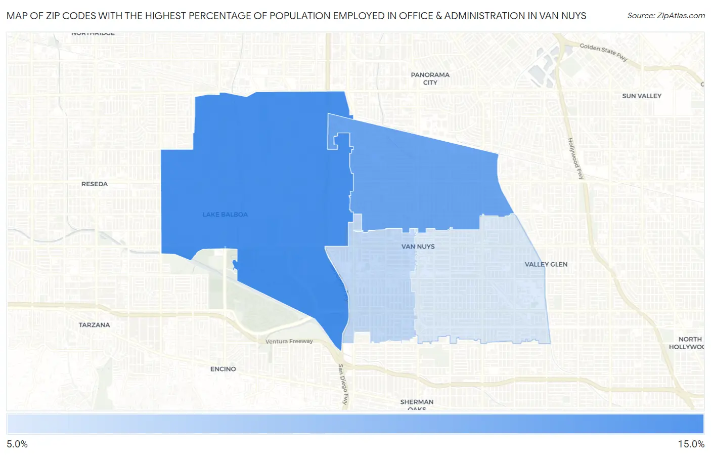 Zip Codes with the Highest Percentage of Population Employed in Office & Administration in Van Nuys Map