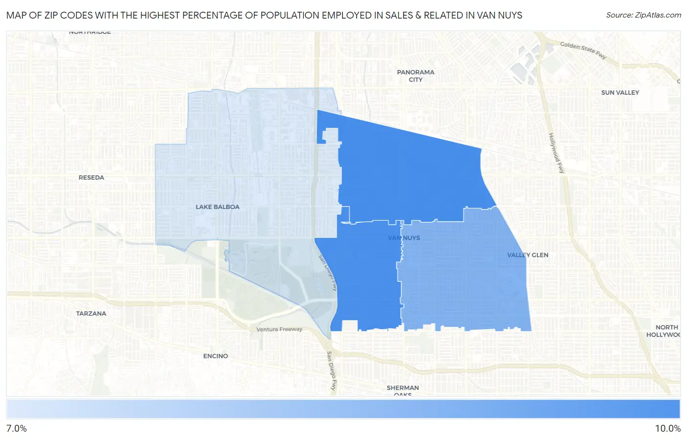 Zip Codes with the Highest Percentage of Population Employed in Sales & Related in Van Nuys Map