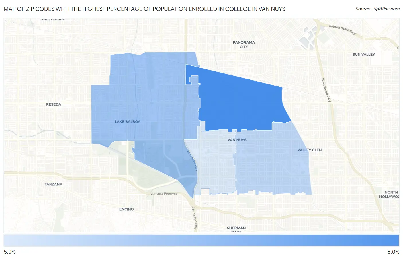 Zip Codes with the Highest Percentage of Population Enrolled in College in Van Nuys Map