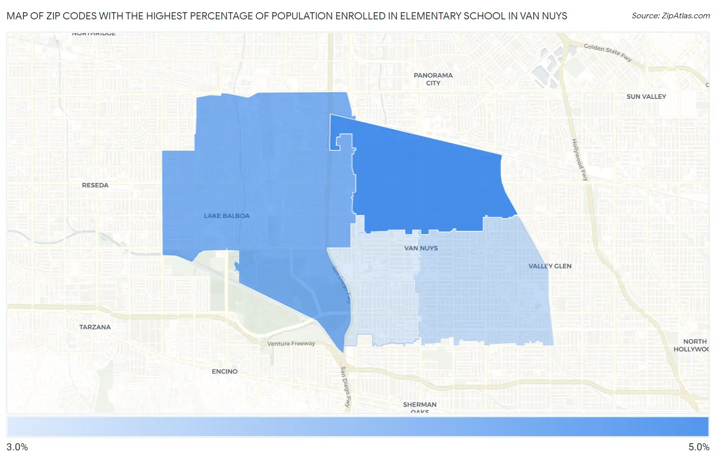 Zip Codes with the Highest Percentage of Population Enrolled in Elementary School in Van Nuys Map