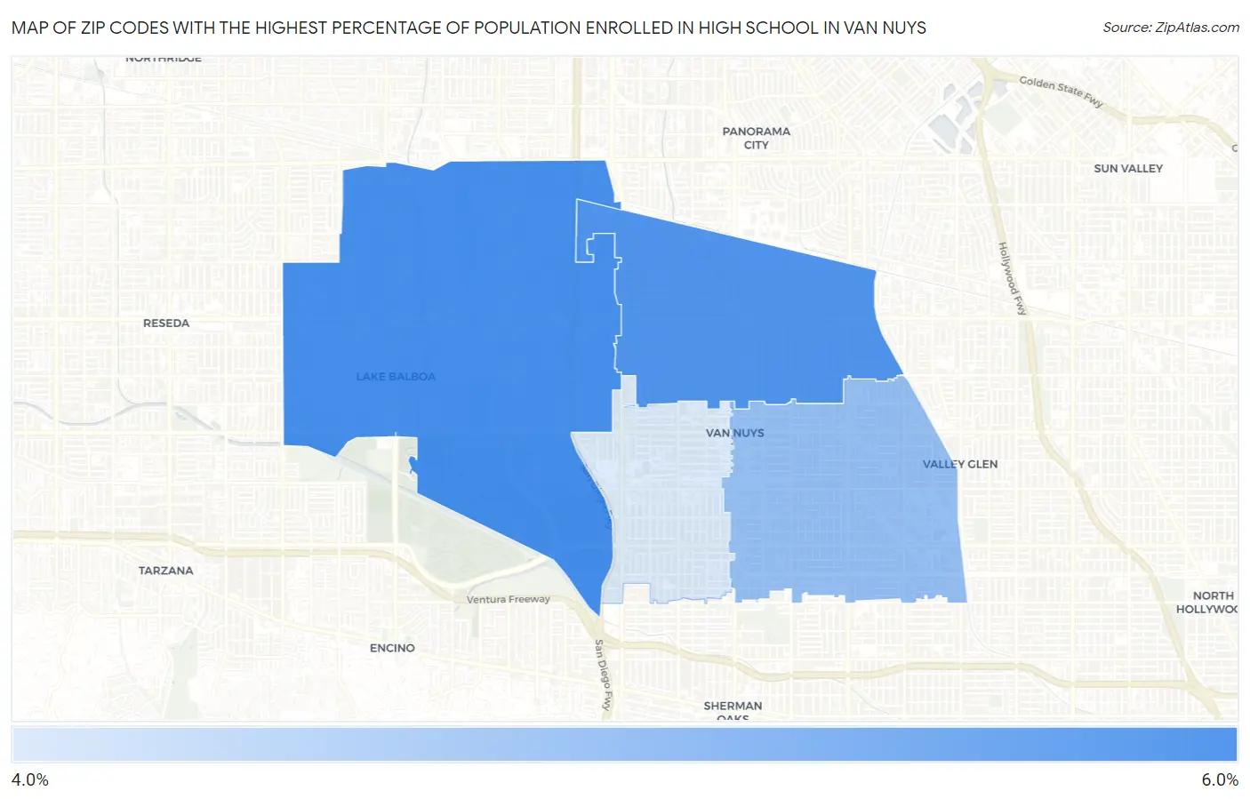 Zip Codes with the Highest Percentage of Population Enrolled in High School in Van Nuys Map