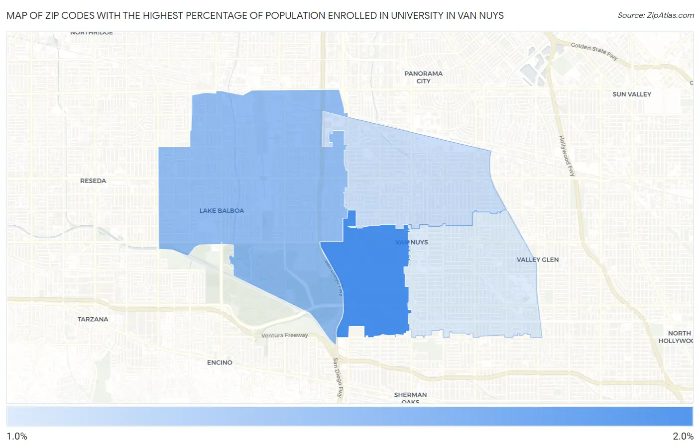 Zip Codes with the Highest Percentage of Population Enrolled in University in Van Nuys Map