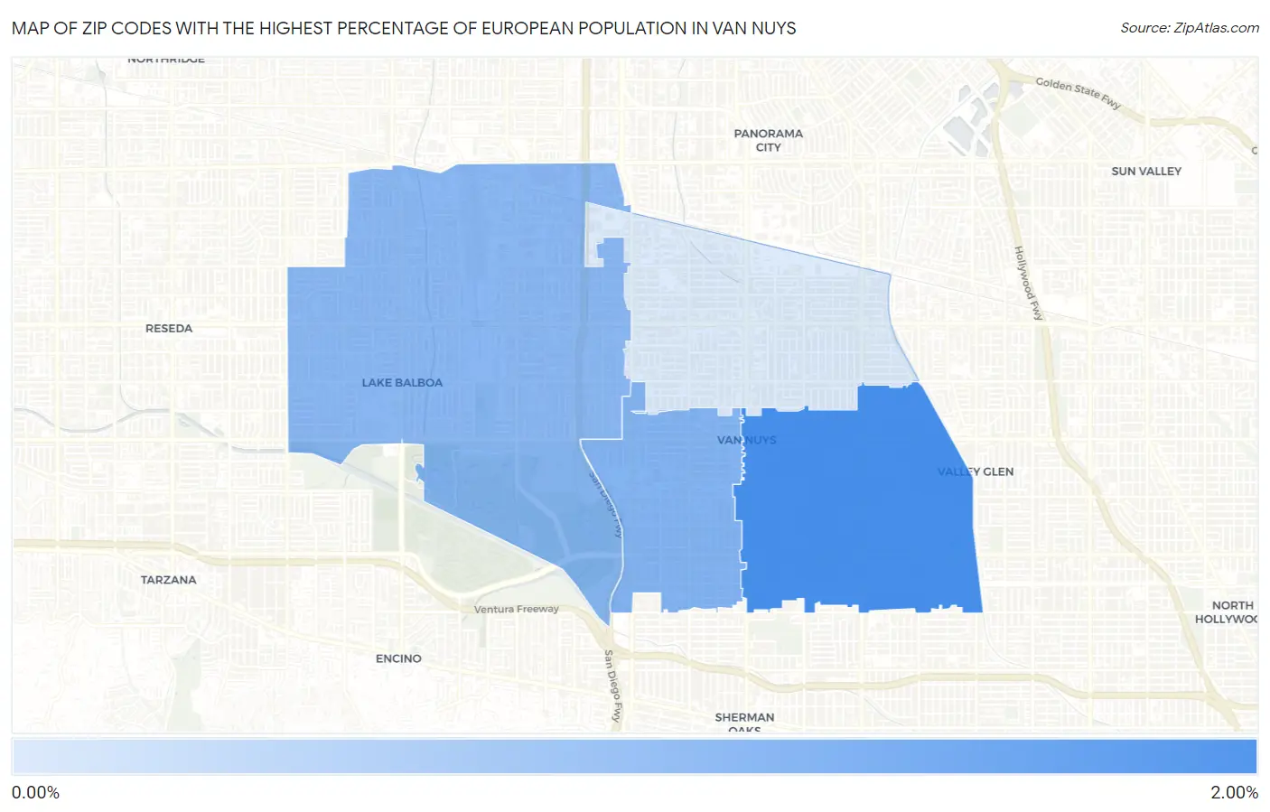 Zip Codes with the Highest Percentage of European Population in Van Nuys Map