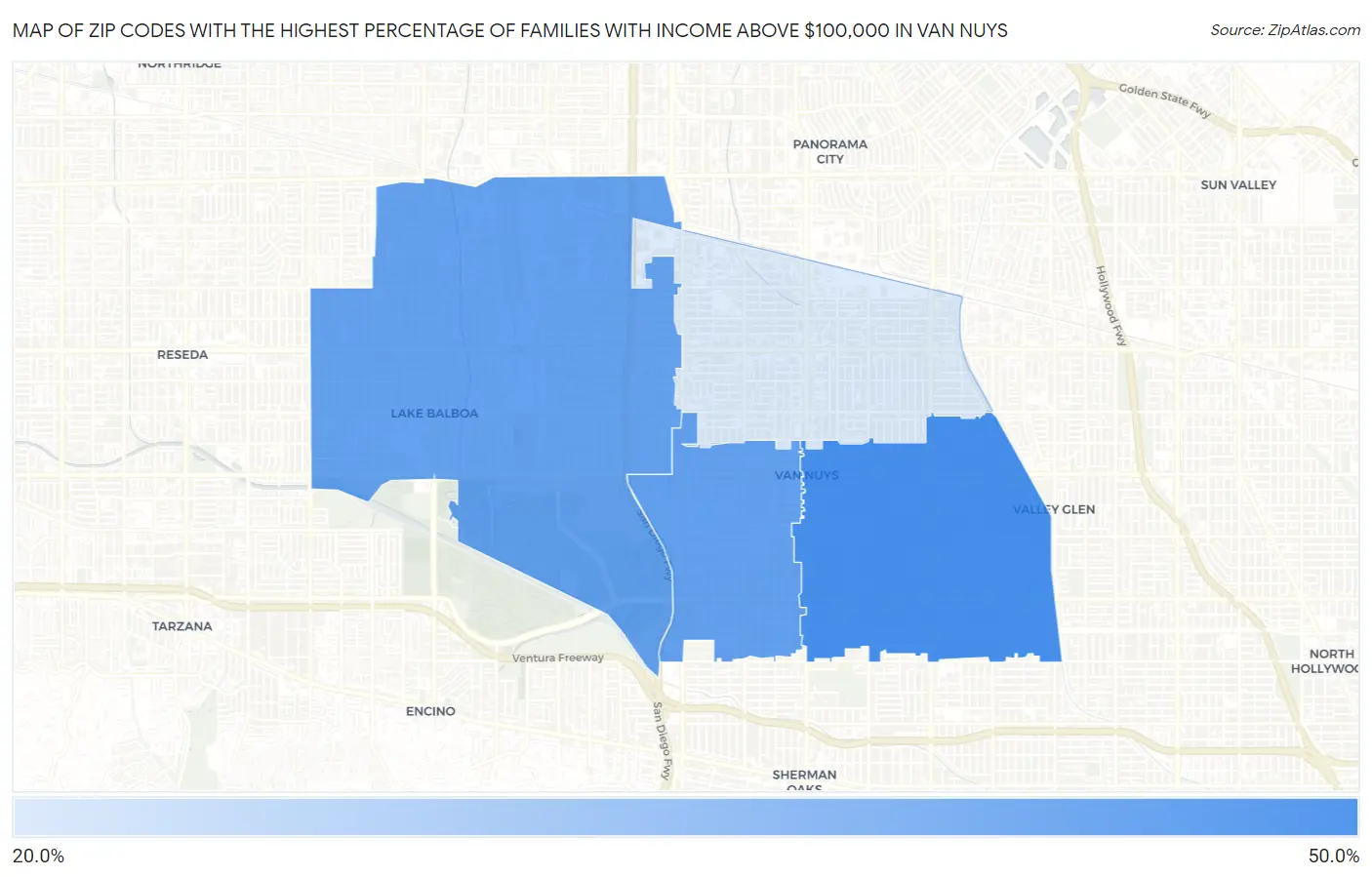 Zip Codes with the Highest Percentage of Families with Income Above $100,000 in Van Nuys Map