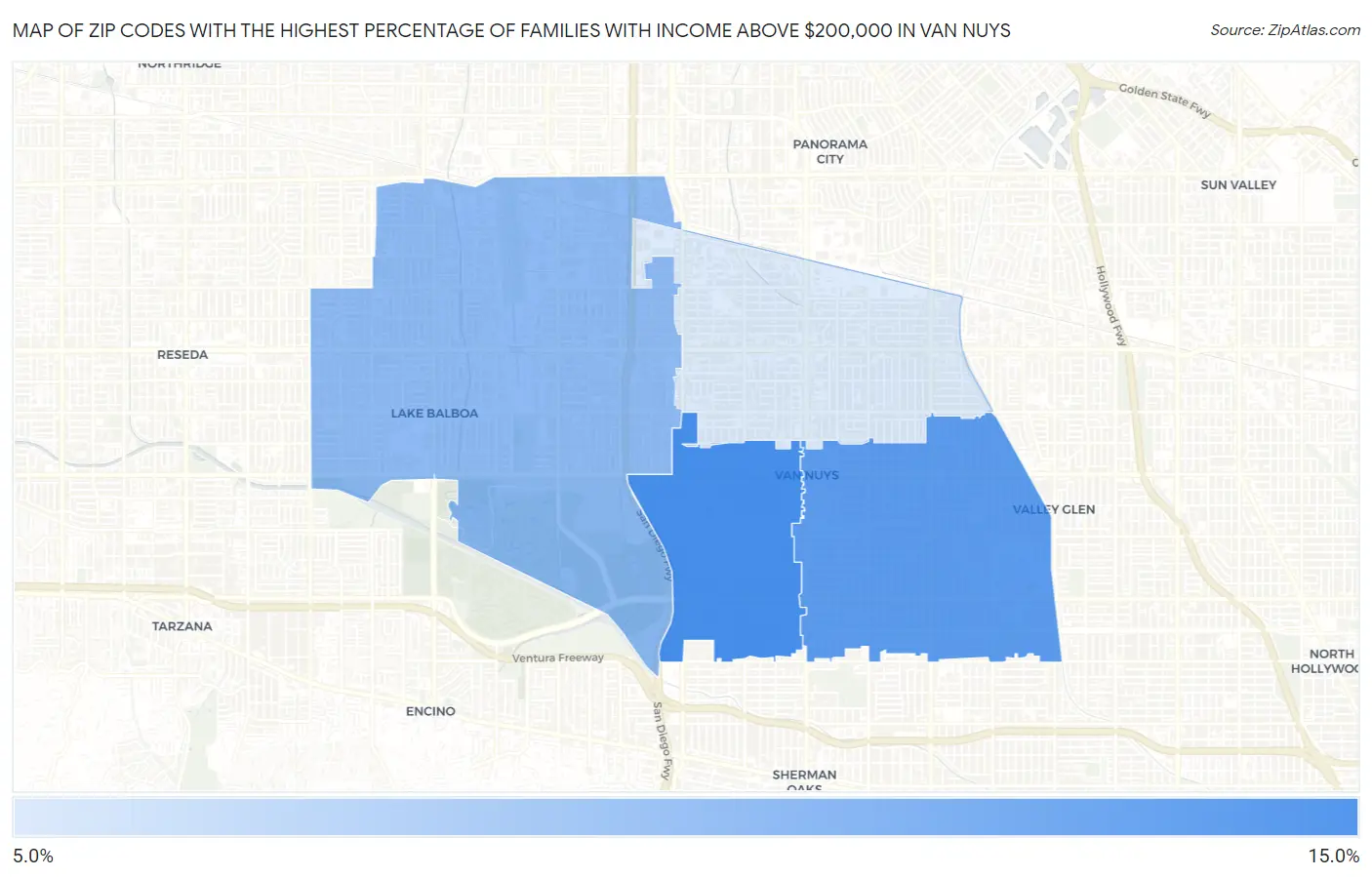 Zip Codes with the Highest Percentage of Families with Income Above $200,000 in Van Nuys Map