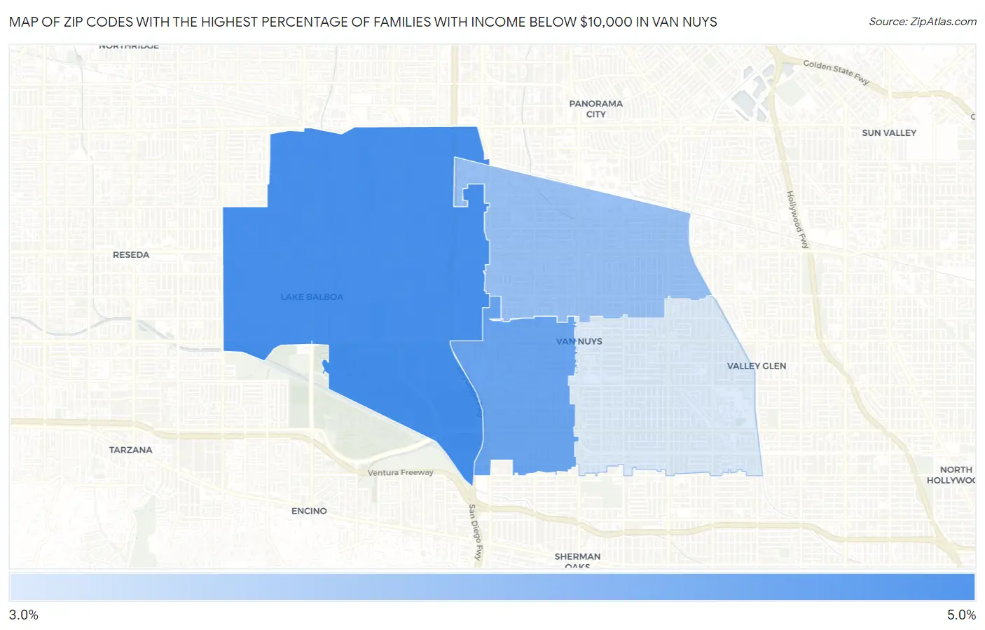 Zip Codes with the Highest Percentage of Families with Income Below $10,000 in Van Nuys Map