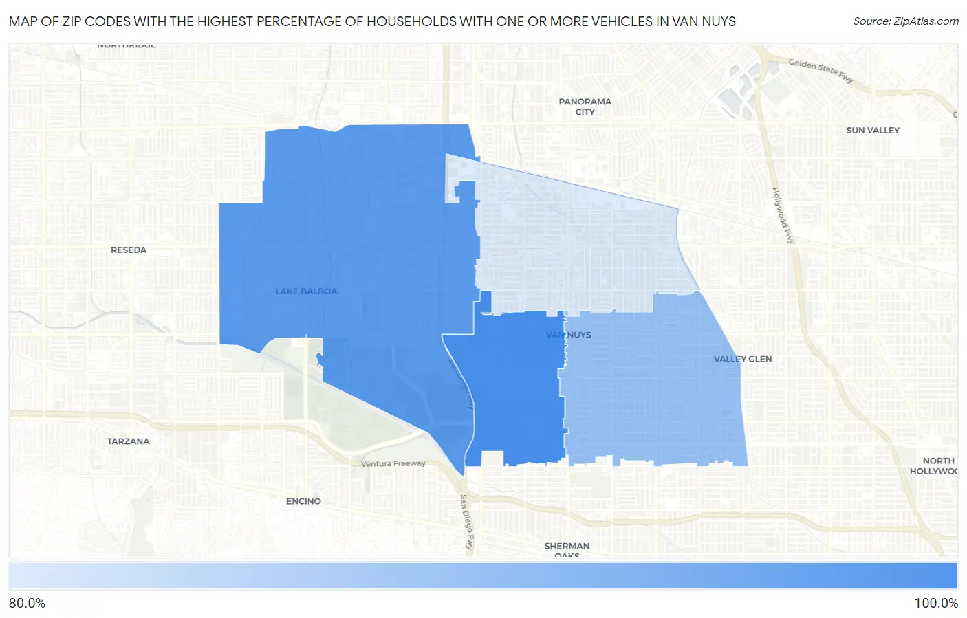 Zip Codes with the Highest Percentage of Households With One or more Vehicles in Van Nuys Map