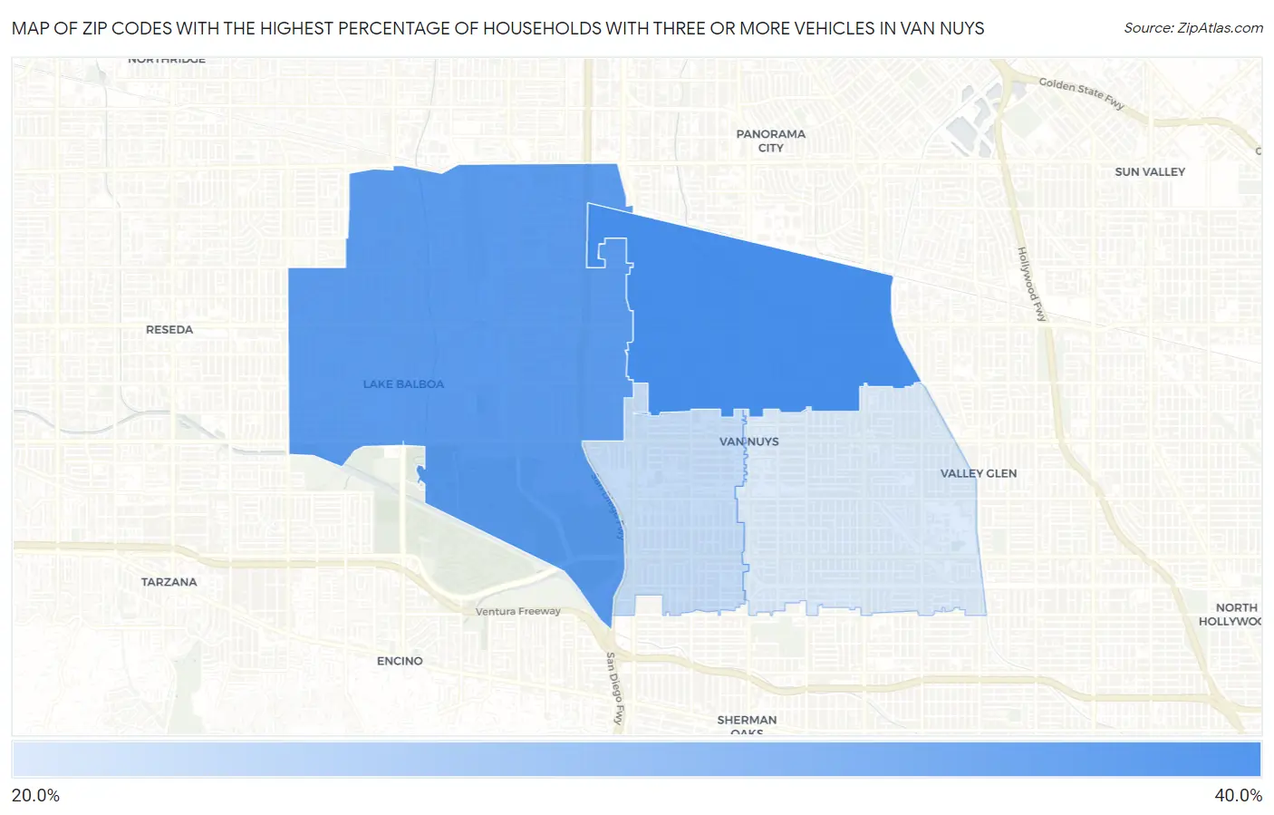 Zip Codes with the Highest Percentage of Households With Three or more Vehicles in Van Nuys Map