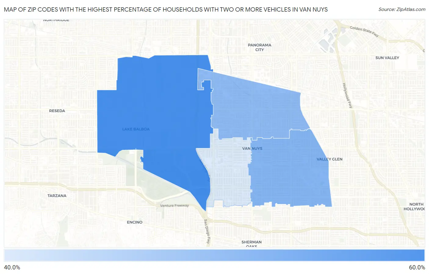 Zip Codes with the Highest Percentage of Households With Two or more Vehicles in Van Nuys Map