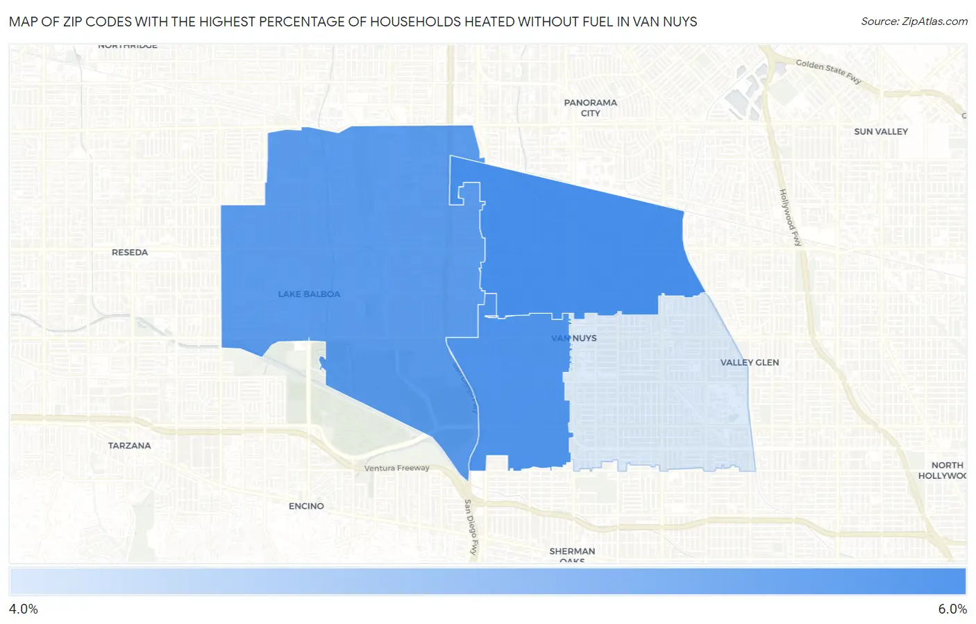 Zip Codes with the Highest Percentage of Households Heated without Fuel in Van Nuys Map