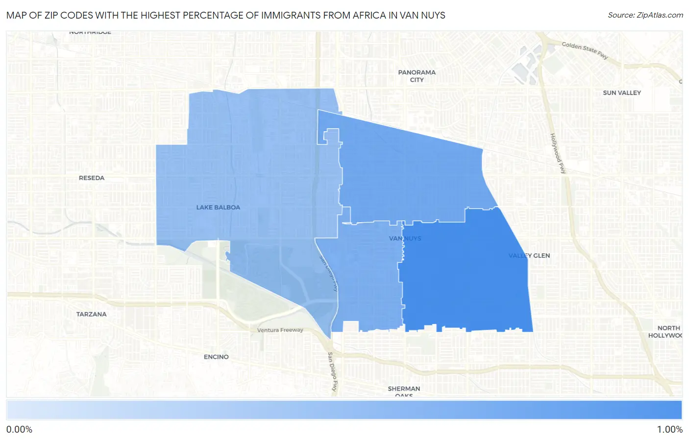 Zip Codes with the Highest Percentage of Immigrants from Africa in Van Nuys Map