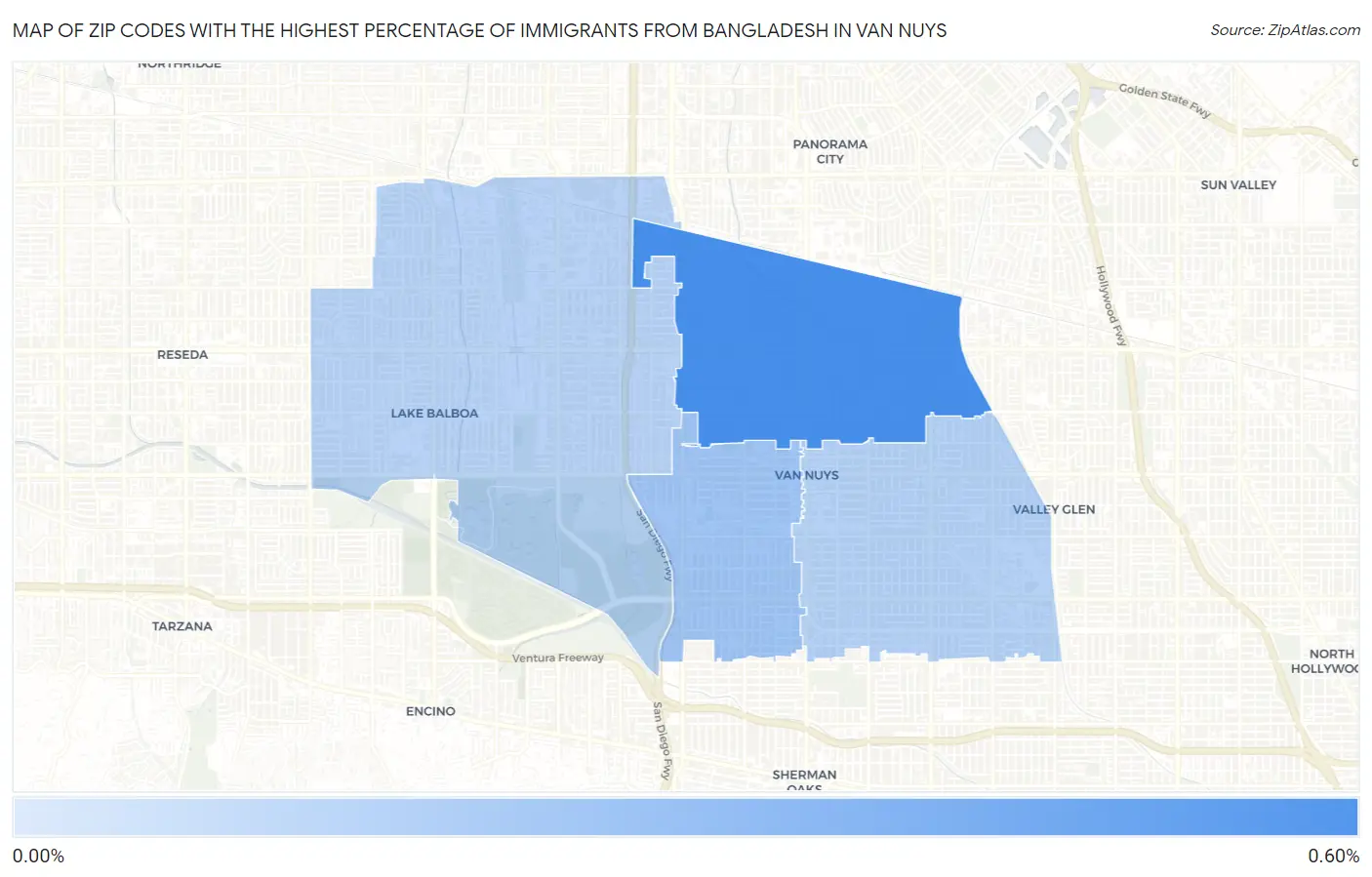 Zip Codes with the Highest Percentage of Immigrants from Bangladesh in Van Nuys Map