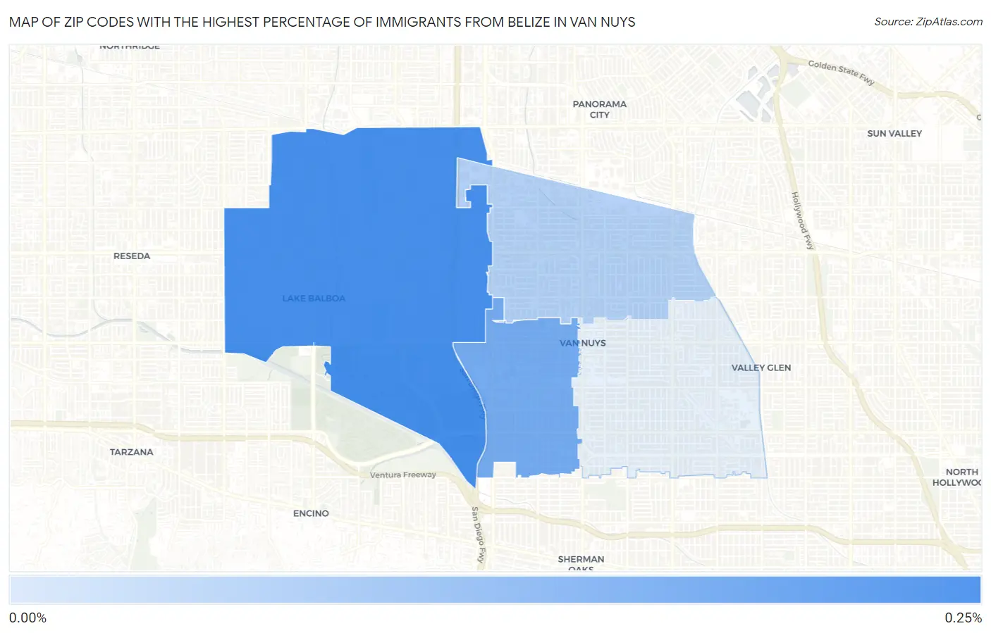 Zip Codes with the Highest Percentage of Immigrants from Belize in Van Nuys Map