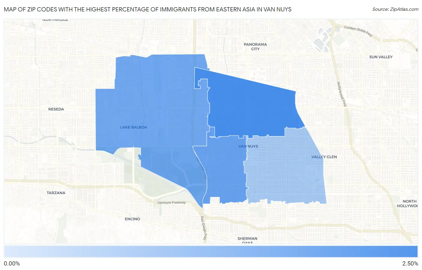 Zip Codes with the Highest Percentage of Immigrants from Eastern Asia in Van Nuys Map