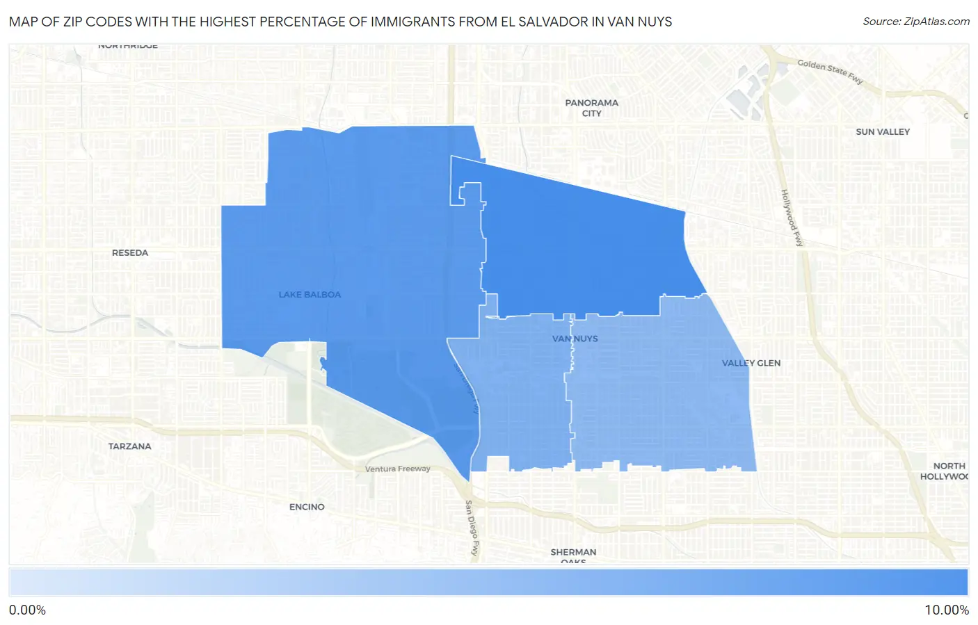 Zip Codes with the Highest Percentage of Immigrants from El Salvador in Van Nuys Map