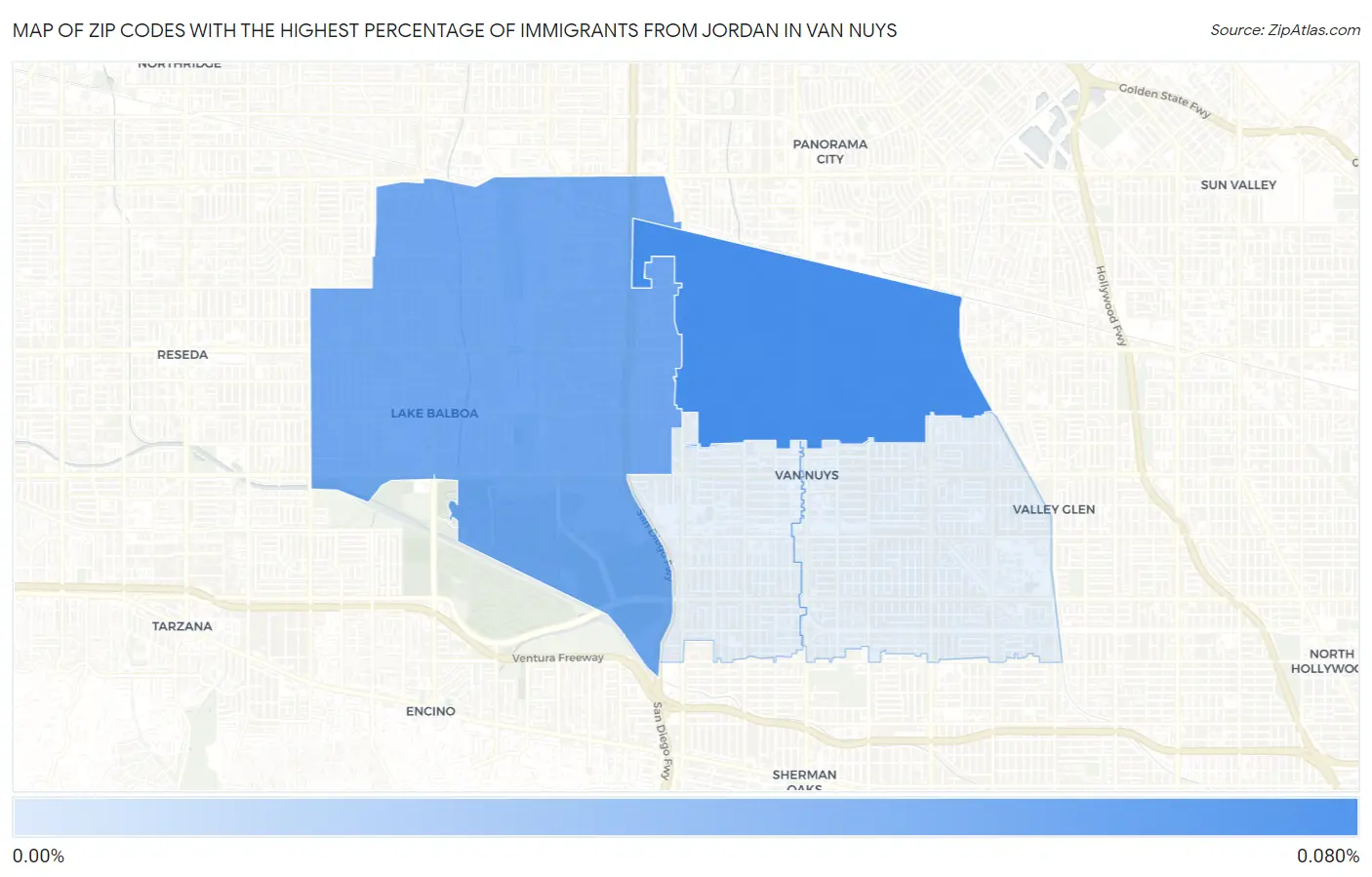 Zip Codes with the Highest Percentage of Immigrants from Jordan in Van Nuys Map