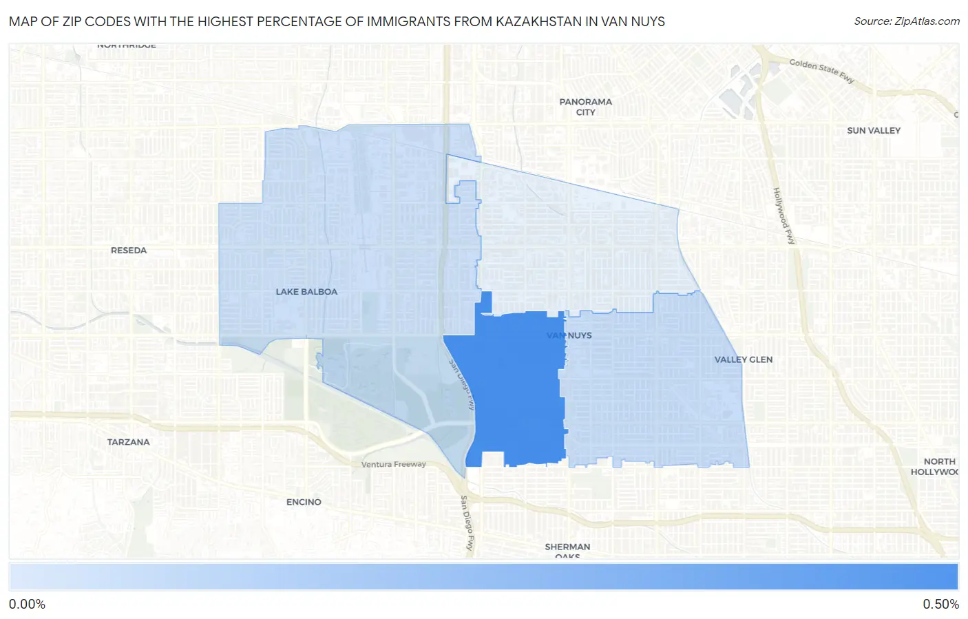 Zip Codes with the Highest Percentage of Immigrants from Kazakhstan in Van Nuys Map