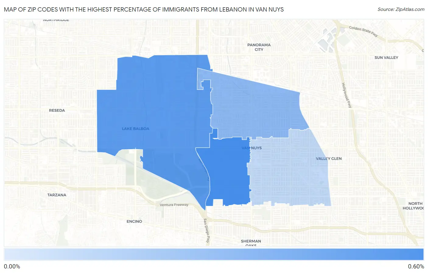 Zip Codes with the Highest Percentage of Immigrants from Lebanon in Van Nuys Map