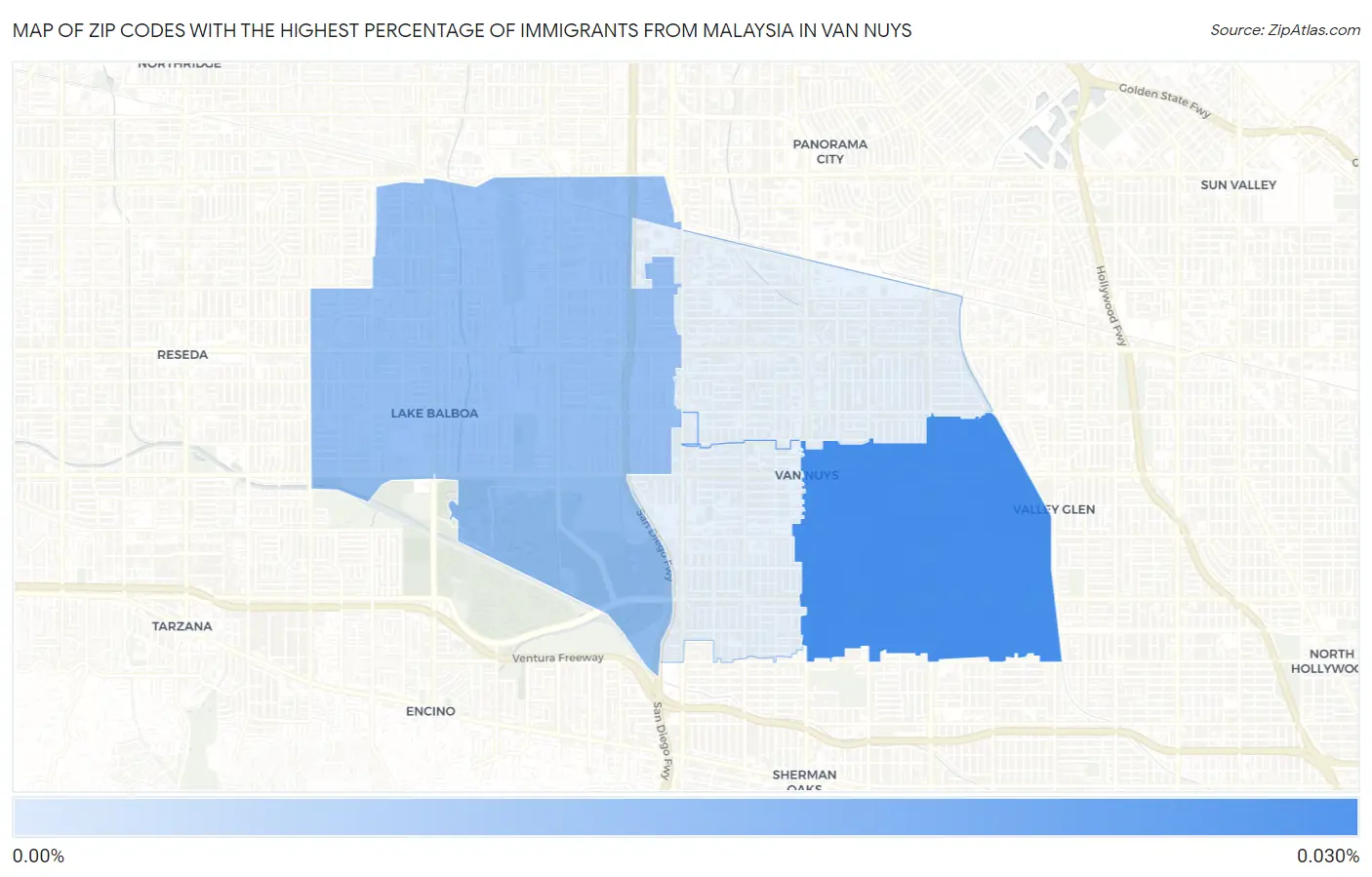 Zip Codes with the Highest Percentage of Immigrants from Malaysia in Van Nuys Map
