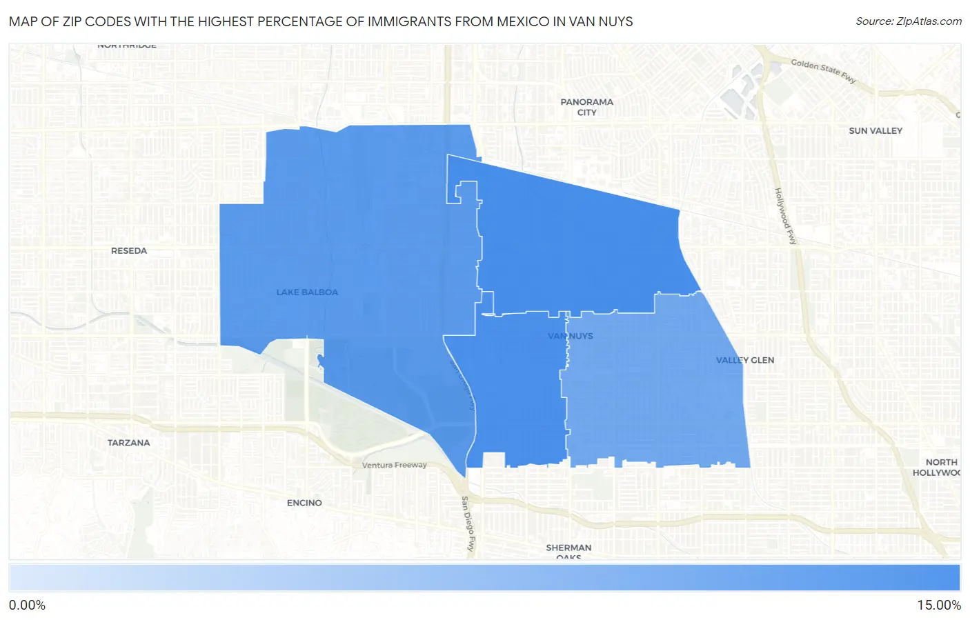 Zip Codes with the Highest Percentage of Immigrants from Mexico in Van Nuys Map