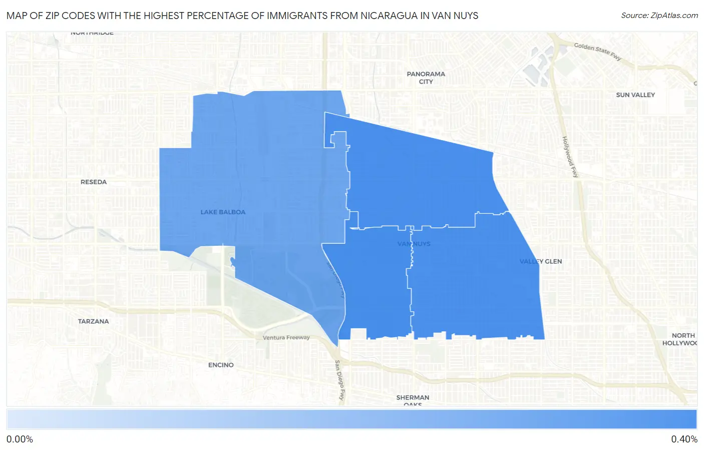 Zip Codes with the Highest Percentage of Immigrants from Nicaragua in Van Nuys Map