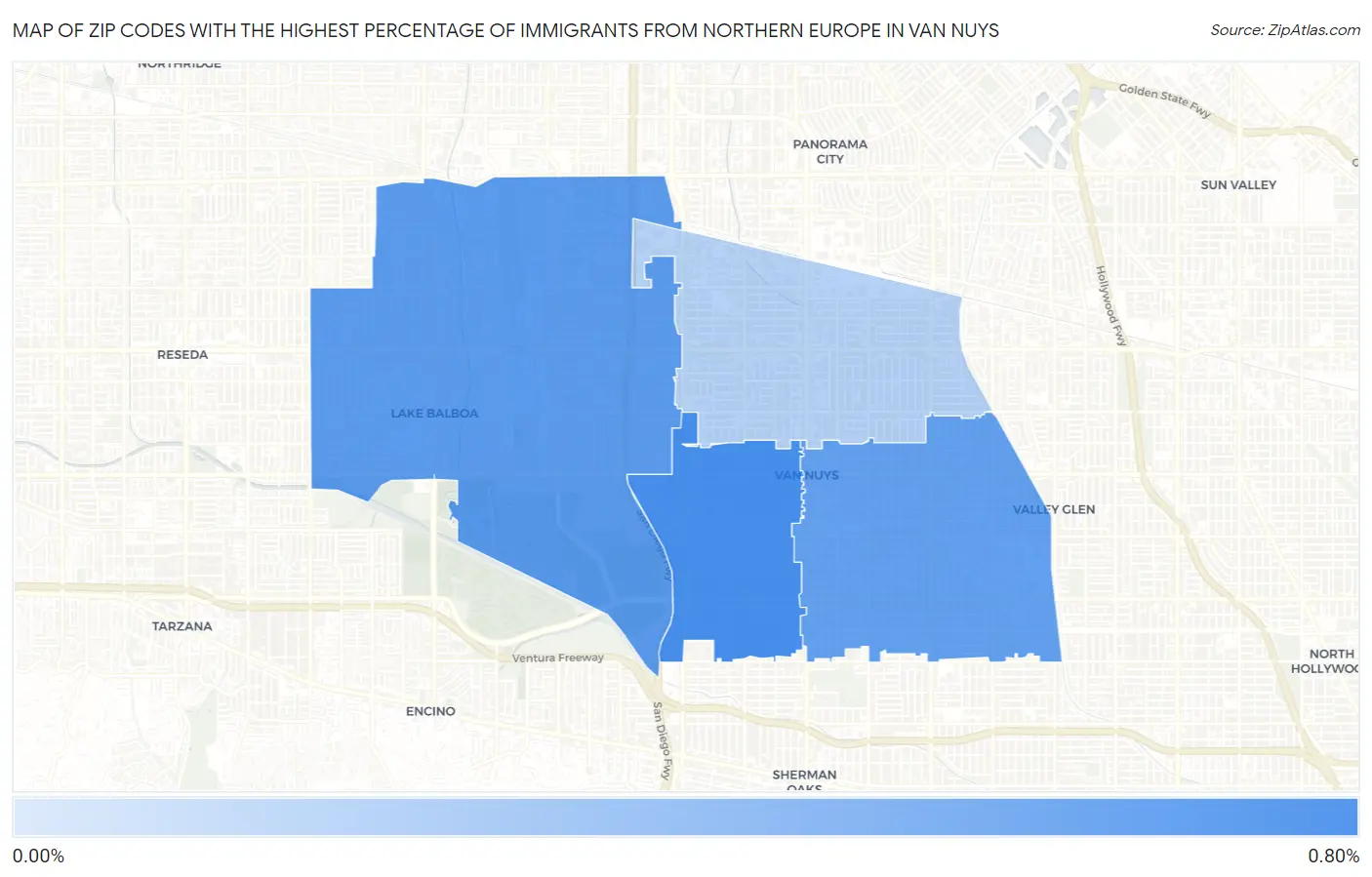 Zip Codes with the Highest Percentage of Immigrants from Northern Europe in Van Nuys Map