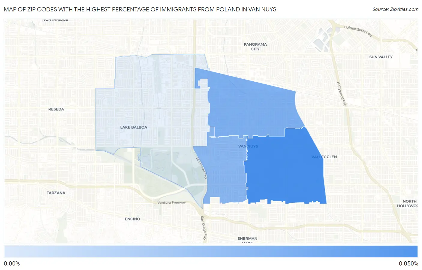 Zip Codes with the Highest Percentage of Immigrants from Poland in Van Nuys Map