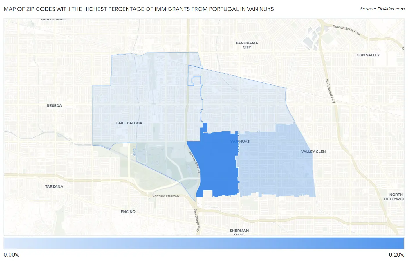 Zip Codes with the Highest Percentage of Immigrants from Portugal in Van Nuys Map