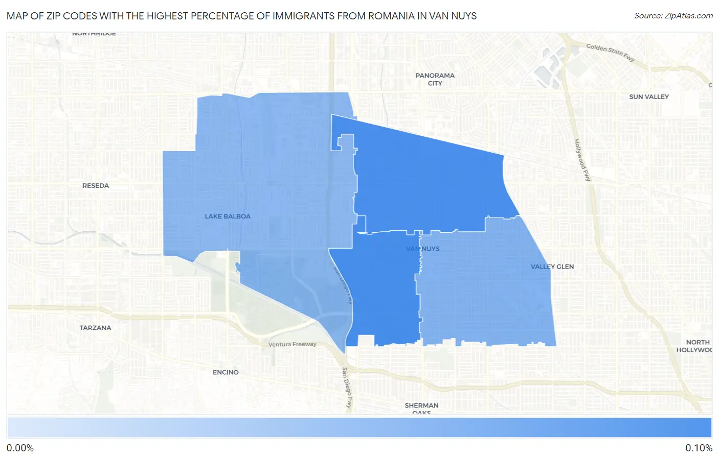 Zip Codes with the Highest Percentage of Immigrants from Romania in Van Nuys Map