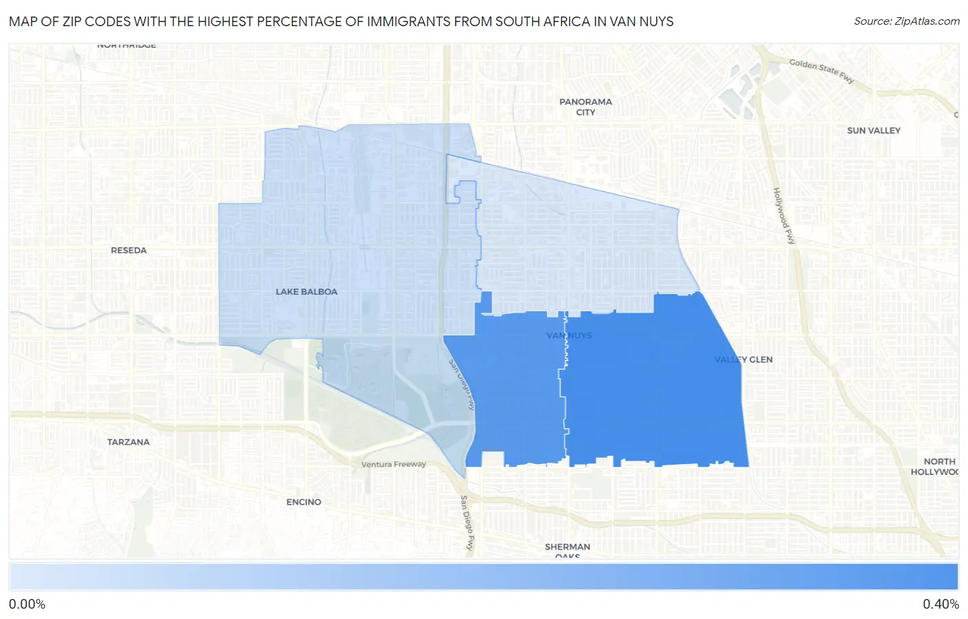 Zip Codes with the Highest Percentage of Immigrants from South Africa in Van Nuys Map