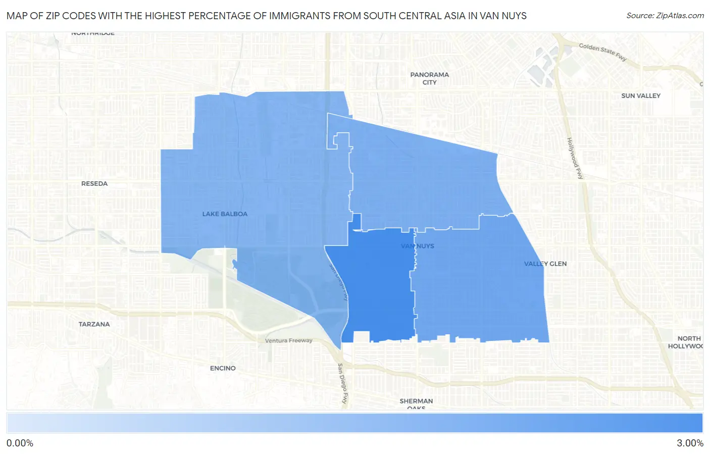 Zip Codes with the Highest Percentage of Immigrants from South Central Asia in Van Nuys Map