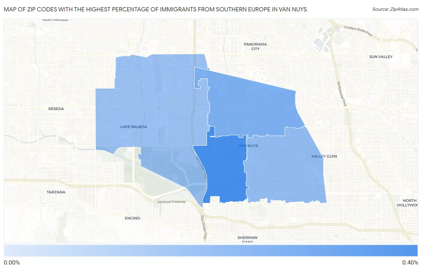 Zip Codes with the Highest Percentage of Immigrants from Southern Europe in Van Nuys Map