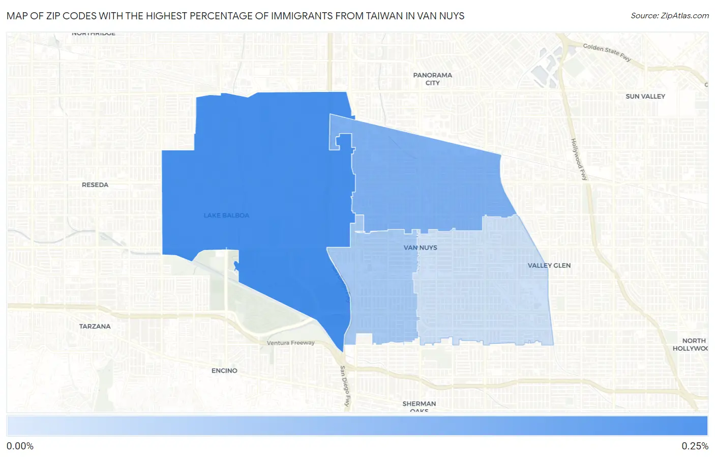 Zip Codes with the Highest Percentage of Immigrants from Taiwan in Van Nuys Map