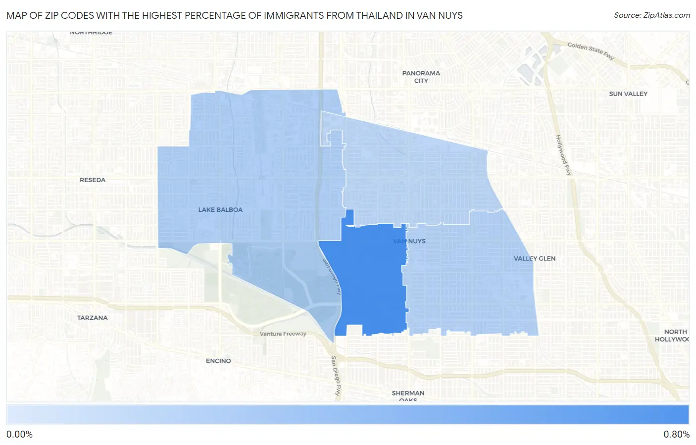 Zip Codes with the Highest Percentage of Immigrants from Thailand in Van Nuys Map
